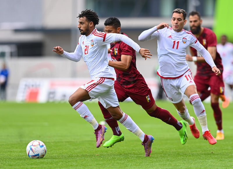 UAE, in white, in action during a 4-0 friendly defeat to Venezuela in Austria. Photo: UAE FA