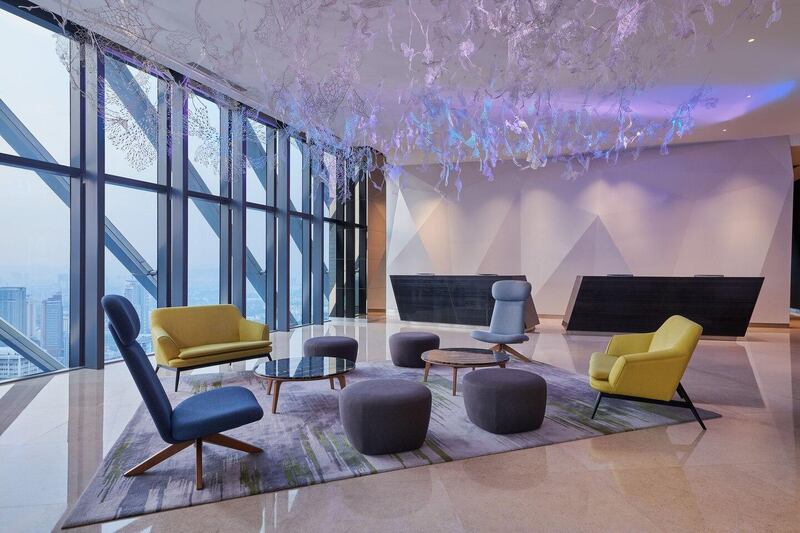 Floor-to-ceiling windows in the lobby of the Element Hotel, Kuala Lumpur. The lobby is on the 40th floor of the Ilham Tower. Courtesy Element Hotel, Kuala Lumpur