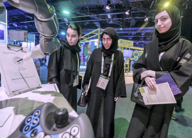 Dubai, April 30, 2019.  Ai Everything show at the Dubai World Trade Centre. --  The Yumie IRB 1400 Collaborative Robot drawing H.E. Sheikh Zayed.
Victor Besa/The National
Section:  NA
Reporter:  P. Ryan and A. Sharma