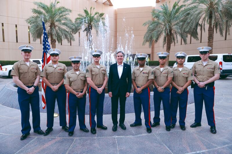 US Secretary of State Antony Blinken with marine security guards from the American embassy in Riyadh before his departure. Photo: US State Department