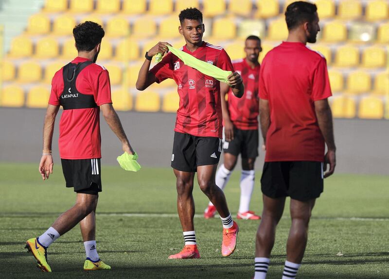 Dubai, United Arab Emirates - Reporter: John McAuley. Sport. Football. UAE player Yahya Al Ghassani during a training session at Zabeel Stadium, Dubai. Saturday, March 27th, 2021. Dubai. Chris Whiteoak / The National