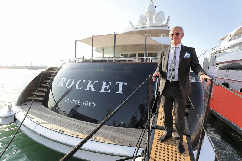DUBAI , UNITED ARAB EMIRATES , February 26 – 2019 :- Dr. Rainer Behne , Chairman of Behnemar Global , a marine services company at the Rocket Yacht which is on display at the Dubai International Boat Show held in Dubai. ( Pawan Singh / The National ) For Lifestyle. Story by Sophie