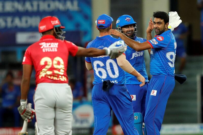 The Delhi Capitals  celebrates the wicket of  Mayank Agarwal of Kings XI Punjab  during match 38 of season 13 of the Dream 11 Indian Premier League (IPL) between the Kings XI Punjab and the Delhi Capitals held at the Dubai International Cricket Stadium, Dubai in the United Arab Emirates on the 20th October 2020.  Photo by: Saikat Das  / Sportzpics for BCCI