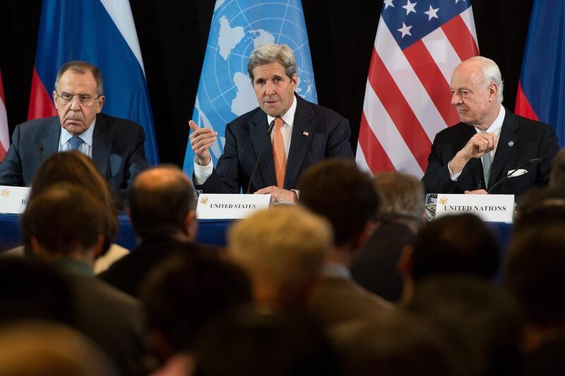 US secretary of state John Kerry, centre, with Russian foreign minister Sergei Lavrov, left, and UN Special Envoy of the secretary-general for Syria Staffan de Mistura, right, hold a press conference after the International Syria Support Group meeting in Munich, Germany, Sven Hoppe / EPA