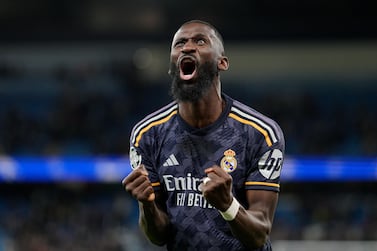 Real Madrid's Antonio Rudiger celebrates at the end of the Champions League quarterfinal second leg soccer match between Manchester City and Real Madrid at the Etihad Stadium in Manchester, England, Wednesday, April 17, 2024.  (AP Photo / Dave Shopland)
