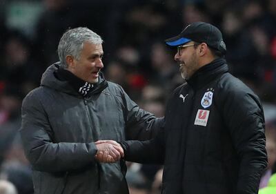Soccer Football - Premier League - Manchester United vs Huddersfield Town - Old Trafford, Manchester, Britain - February 3, 2018   Manchester United manager Jose Mourinho shakes hands with Huddersfield Town manager David Wagner    REUTERS/Scott Heppell    EDITORIAL USE ONLY. No use with unauthorized audio, video, data, fixture lists, club/league logos or "live" services. Online in-match use limited to 75 images, no video emulation. No use in betting, games or single club/league/player publications.  Please contact your account representative for further details.