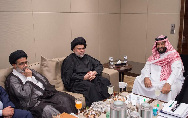 Saudi Crown Prince Mohammed bin Salman meets with Iraqi Shi'ite leader Muqtada al-Sadr in Jeddah, Saudi Arabia July 30, 2017. Bandar Algaloud/Courtesy of Saudi Royal Court/Handout via REUTERS ATTENTION EDITORS - THIS PICTURE WAS PROVIDED BY A THIRD PARTY. - RTS19RFH