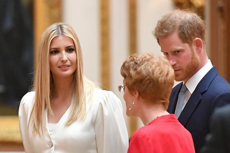 Ivanka Trump (L) and Britain's Prince Harry, Duke of Sussex view displays of US items of the Royal Collection at Buckingham Palace. AFP