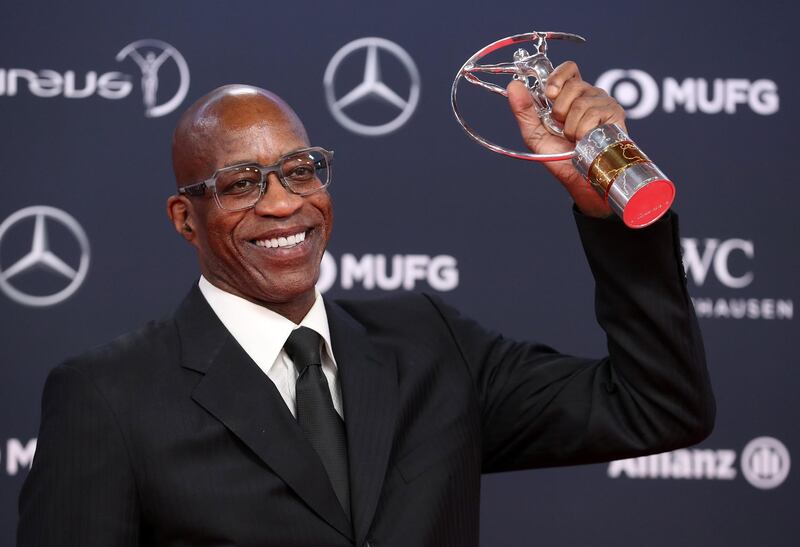 epa06569224 US former track and field athlete Edwin Moses poses with the 'Laureus Lifetime Achievement Award' at the 2018 Laureus World Sports Awards in Monaco, 27 February 2018. The annual Laureus Awards are held to honor people whom make a notable impact and remarkable accomplishments in the world of sport throughout the year.  EPA/SEBASTIEN NOGIER