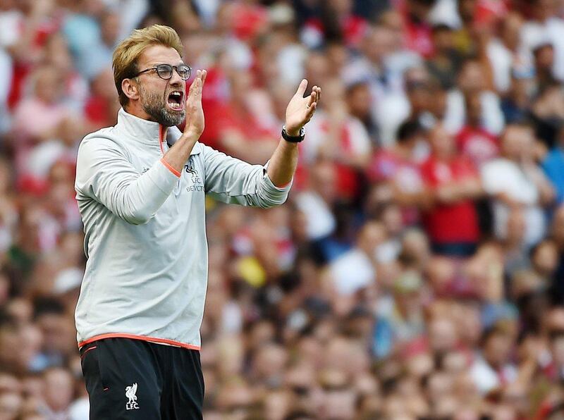 Liverpool manager Jurgen Klopp reacts during the Premier League match between Arsenal and Liverpool at the Emirates Stadium in London, Britain, 14 August 2016. Andy Rain / EPA