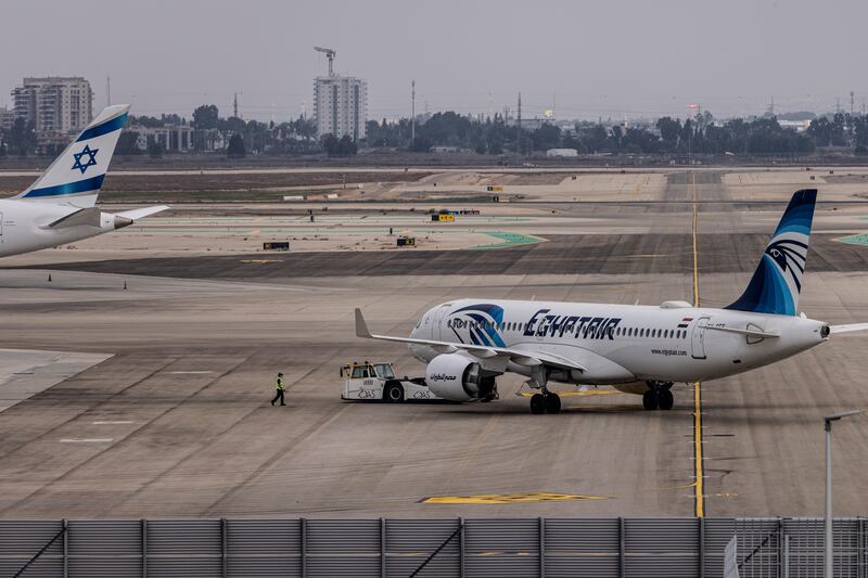 An EgyptAir aircraft at Ben Gurion Airport on Sunday. Four flights are planned each week. AP Photo