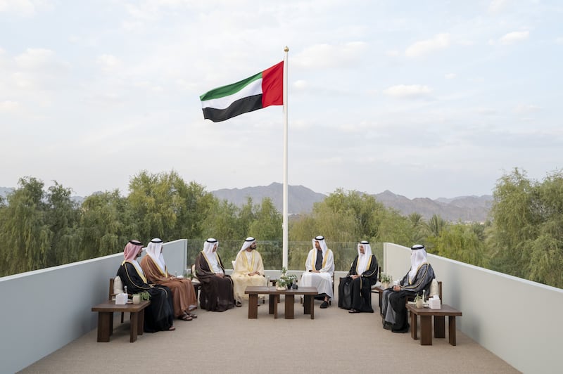 From left: Sheikh Ammar bin Humaid Al Nuaimi, Crown Prince of Ajman, Sheikh Sultan bin Mohammed Al Qasimi, Crown Prince and Deputy Ruler of Sharjah, Sheikh Saud bin Rashid Al Mualla, Ruler of Umm Al Quwain, Sheikh Mohammed bin Rashid, Vice President and Ruler of Dubai, Sheikh Mohamed bin Zayed, Crown Prince of Abu Dhabi and Deputy Supreme Commander of the Armed Forces, Sheikh Hamad bin Mohammed Al Sharqi, Ruler of Fujairah and Sheikh Saud bin Saqr Al Qasimi, Ruler of Ras Al Khaimah, attend the Federal Supreme Council meeting, at the Sheikh Rashid Palace in Hatta, Dubai, on Thursday. Photo: Mohamed Al Hammadi  /  Ministry of Presidential Affairs