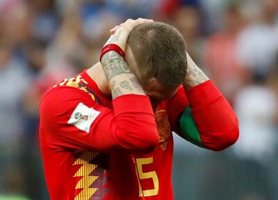 Soccer Football - World Cup - Round of 16 - Spain vs Russia - Luzhniki Stadium, Moscow, Russia - July 1, 2018  Spain's Sergio Ramos looks dejected after losing the penalty shootout  REUTERS/Christian Hartmann