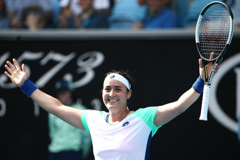 Ons Jabeur celebrates after beating Wang Qiang at the 2020 Australian Open to become the first Arab woman to reach a Grand Slam quarter-final. EPA