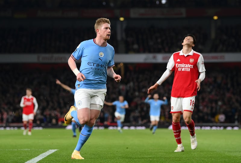 Kevin de Bruyne 9: Absolutely stunning first-time finish to clip ball over Ramsdale and put City in front and provided assist for Haaland’s goal. Angry shove on Mikel Arteta in second half when Arsenal manager blocked Belgian trying to take quick throw-in. Getty