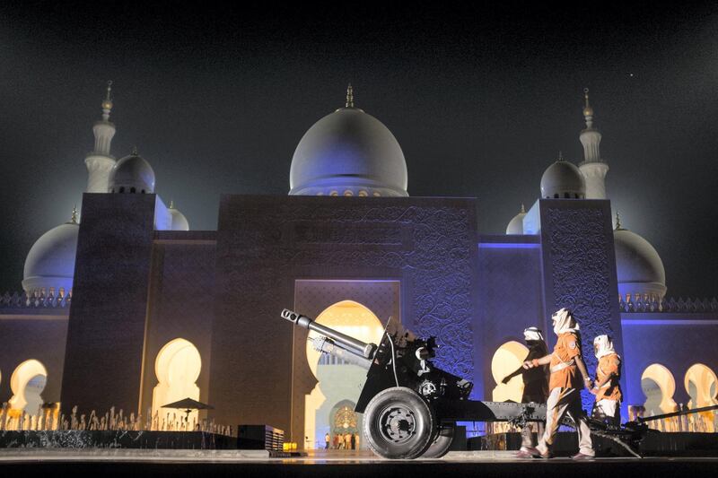 ABU DHABI, UNITED ARAB EMIRATES, JUNE 16, 2015. A practice march in front of the cannon installed at Sheikh Zayed Grand Mosque. Everyday of the month of Ramadan, the cannon is fired to signal the time for Maghreb. Photographer: Reem Mohammed / The National *** Local Caption ***  RM_20160616_ZAYED_014.JPG