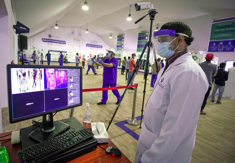 Abu Dhabi, United Arab Emirates, May 6, 2020. the new Ambulatory Healthcare Services, a SEHA Health System Facility, National Screening Project in Mussafah Industrial Area in Abu Dhabi .  People are thermal checked at the registration center.
Victor Besa / The National
Section:  NA
Reporter:  Nick Webster