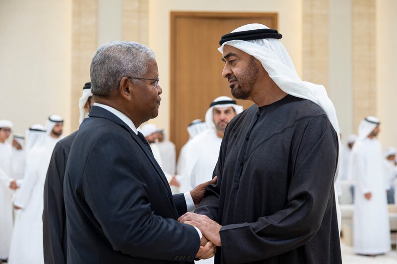 Wavel Ramkalawan, President of Seychelles, offers condolences to President Sheikh Mohamed, at Al Mushrif Palace.