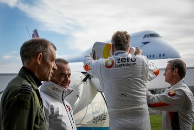 Zero Petroleum personnel fuelling the aircraft in November 2021 before  the first flight using synthetic aviation fuel. Photo: Ministry of Defence