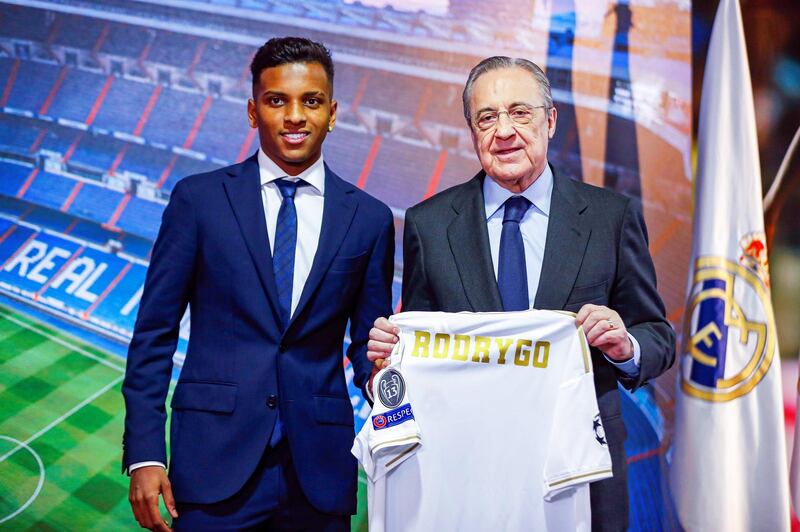 Brazilian forward Rodrygo with Real Madrid's president Florentino Perez after his unveiling at the Santiago Bernabeu.  EPA