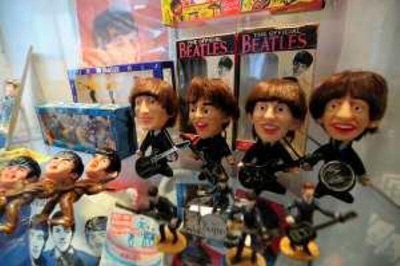 Vintage Beatles merchandise on display in "Beatlemania", a museum devoted to the Beatles who spent formative years in Hamburg. Photo taken by David Crossland on June 4, 2009, to accompany article on Hamburg paying tribute to its links with the band.   *** Local Caption ***  Beatles merchandise in Beatles museum.jpg