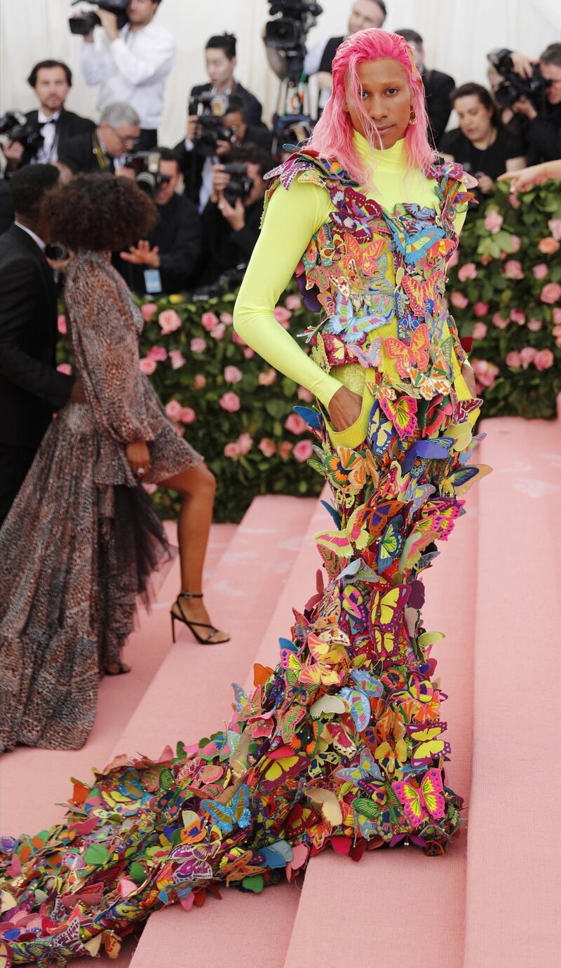 Australian singer and dancer Keiynan Lonsdale arrived in a gown made of butterflies, finished with a hot pink wig. EPA