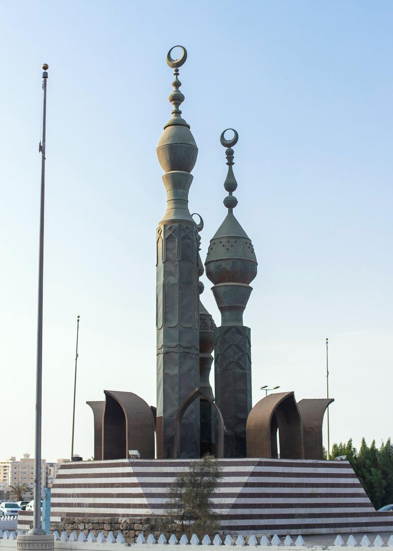 JEDDAH, KINGDOM OF SAUDI ARABIA. 2 OCTOBER 2019. 
Sculpture opposite Bab Jadid in Al Balad, Jeddah’s historical district. The World Heritage Site was founded in the seventh century and was once the beating heart of Jeddah, Saudi Arabia’s second-largest city. The town was formed as an ancient trading port and acted as the primary gateway to Makkah. Today, it is famous for its traditional buildings, which were constructed with coral-stone and decorated with intricate latticed windows.
(Photo: Reem Mohammed/The National)

Reporter:
Section: