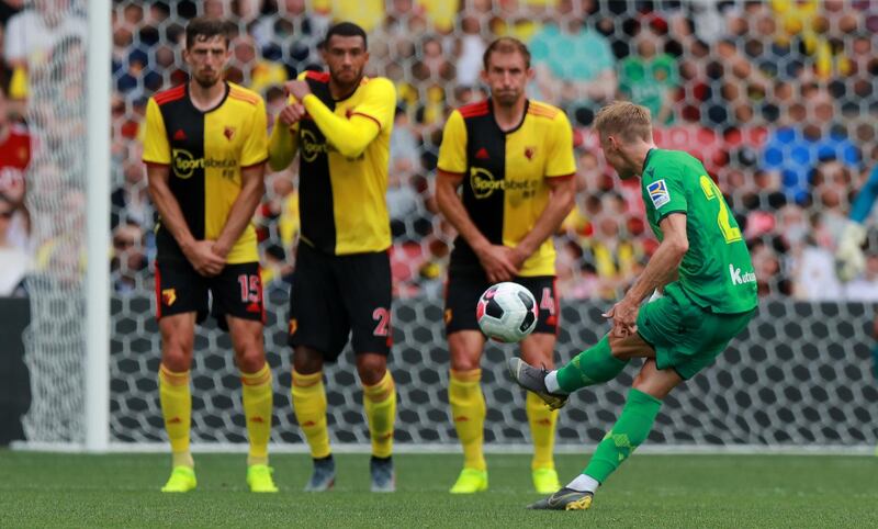 WATFORD, ENGLAND - AUGUST 03:  Martin Odegaard of Real Sociedad takes a shot at the Watford goal during the Pre-Season Friendly match between Watford and Real Sociedad at Vicarage Road on August 03, 2019 in Watford, England. (Photo by David Rogers/Getty Images)