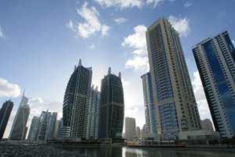 Dubai, 3rd March 2010.  The Jumeirah Lake Towers buildings with the man made lake.  (Jeffrey E Biteng / The National)  