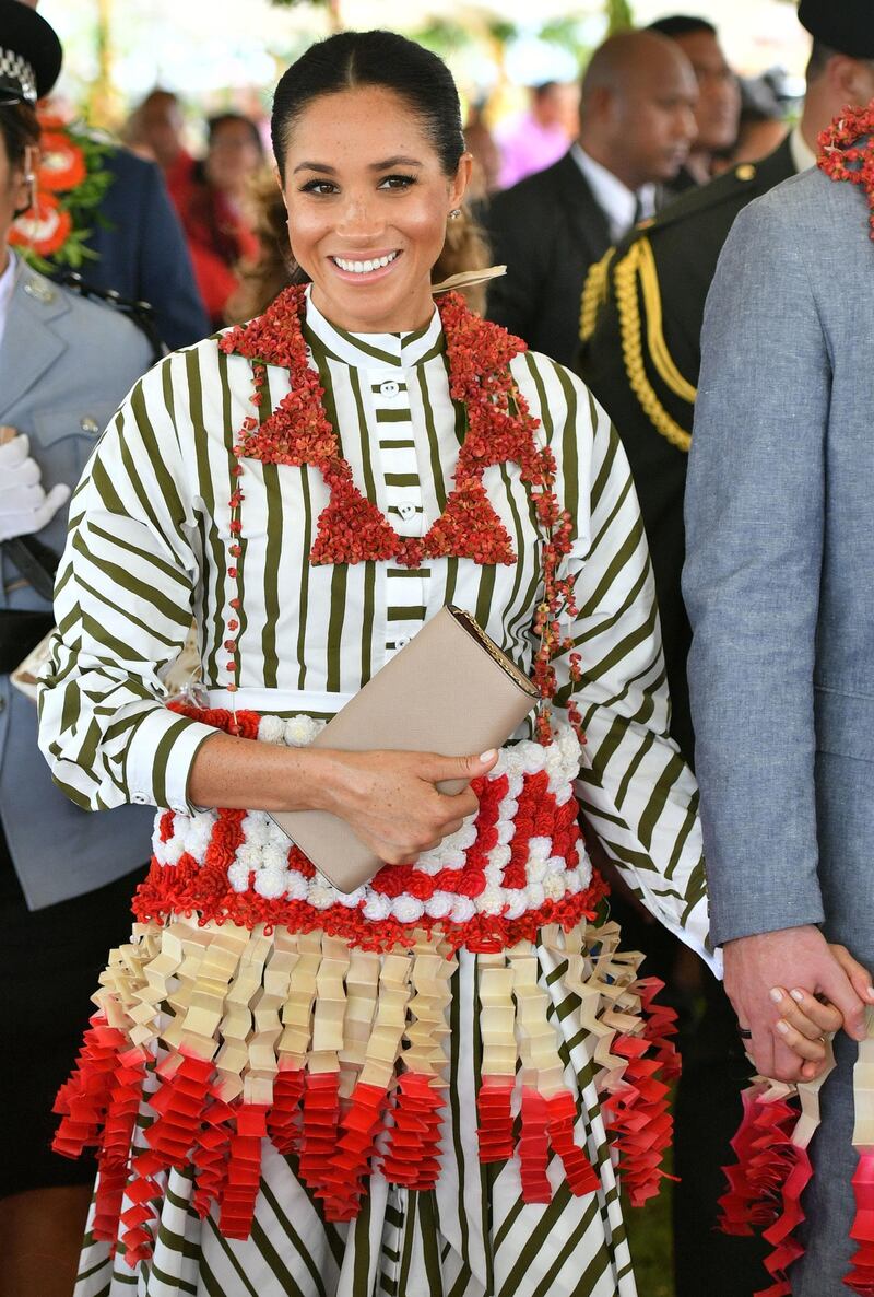 Meghan, Duchess of Sussex visits an exhibition of Tongan handicrafts, mats and tapa cloths at the Fa'onelua Convention Centre in Nuku'alofa, Tonga. Getty Images