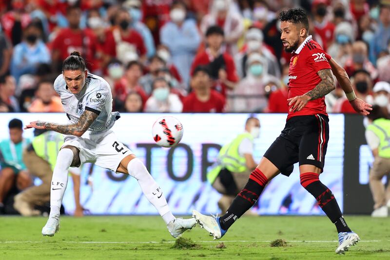 Darwin Nunez of Liverpool battles for the ball against Alex Telles of Manchester United during the second half of their pre-season friendly at the Rajamangala National Stadium in Bangkok, Thailand, on July 12, 2022. Getty 