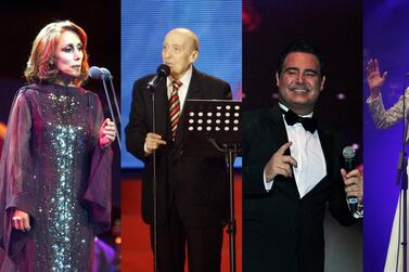 Lebanese singers (L-R) Fairuz, Wadih Al-Safi, Assi Hellani and Majida el-Roumi have all sung songs for their homeland. Courtesy: AFP, Reuters, Jeffrey E Biteng / The National 