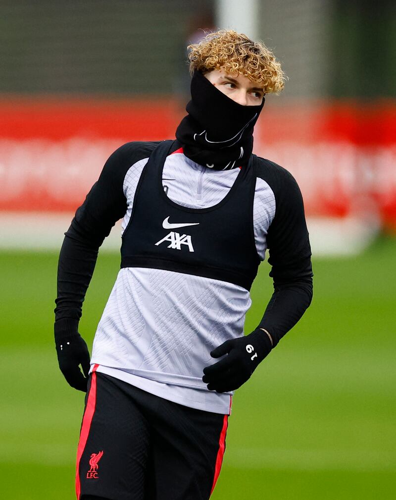 Liverpool's Harvey Elliott at training. Reuters