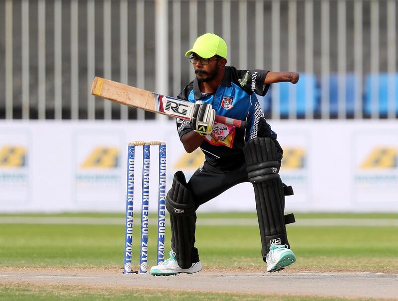 Sharjah, United Arab Emirates - Reporter: N/A. News. Mumbai's Ravi Chandran bats in the game between Mumbai Ideals and Rajasthan Rajwada in the Divyang Premier League a cricket tournament for the physically challenge. Wednesday, April 14th, 2021. Sharjah. Chris Whiteoak / The National