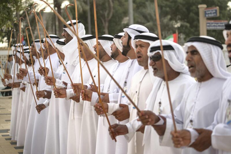 ABU DHABI, UNITED ARAB EMIRATES - January 21, 2018: A traditional dance is performed during the mass wedding reception, at Majlis Al Bateen.

( Mohamed Al Hammadi / Crown Prince Court - Abu Dhabi )
---