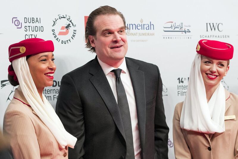 Dubai, United Arab Emirates, December 6, 2017:    David Harbour walks the red carpet during the opening night of Dubai International Film Festival at Madinat Jumeirah in Dubai December 6, 2017. Christopher Pike / The National

Reporter: Chris Newbould
Section: Arts & Culture