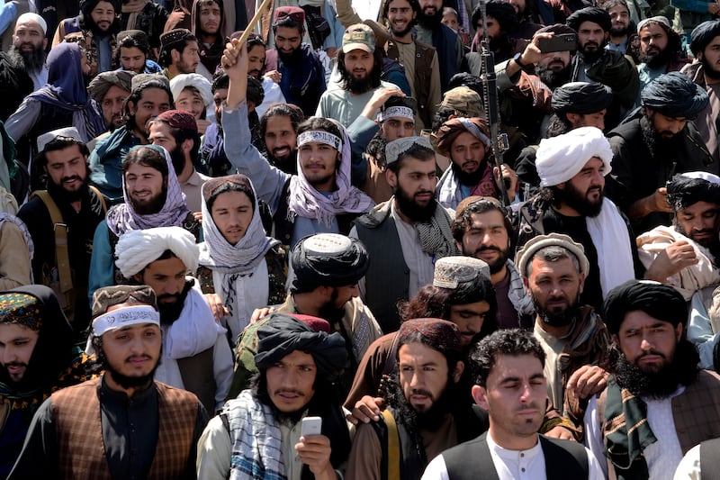 Taliban fighters and supporters in Kabul. AP Photo