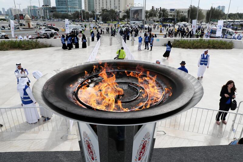 ABU DHABI , UNITED ARAB EMIRATES , March 3 – 2019 :- ADNOC’s “Flame of Hope” lit after the welcoming ceremony at the Founder’s memorial in Abu Dhabi. ( Pawan Singh / The National ) For News/Online/Instagram/Big Picture. Story by John