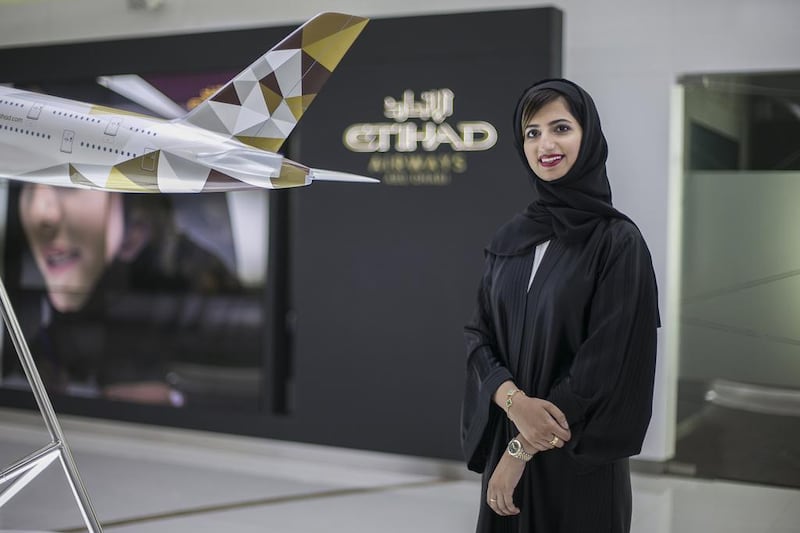 Arwa Al Shehhi, at 27, is Etihad’s marketing manager in New York City. Mona Al Marzooqi / The National