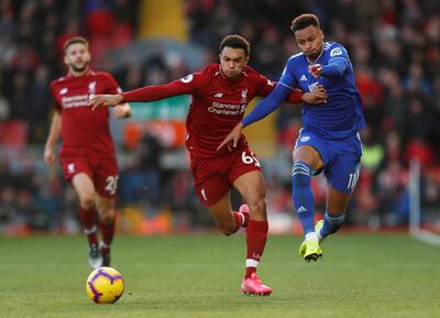 Soccer Football - Premier League - Liverpool v Cardiff City - Anfield, Liverpool, Britain - October 27, 2018  Liverpool's Trent Alexander-Arnold in action with Cardiff City's Josh Murphy   Action Images via Reuters/Lee Smith  EDITORIAL USE ONLY. No use with unauthorized audio, video, data, fixture lists, club/league logos or "live" services. Online in-match use limited to 75 images, no video emulation. No use in betting, games or single club/league/player publications.  Please contact your account representative for further details.