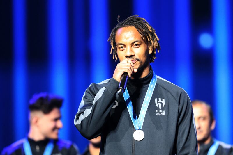 Al Hilal's Andre Carrillo speaks on stage after arriving in Riyadh. Reuters