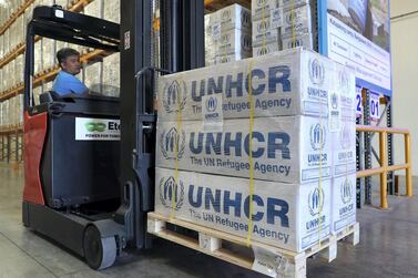 UNHCR's emergency stockpile facility in Dubai stores a variety of relief items including blankets, sleeping mats and solar lamps. Pawan Singh / The National 