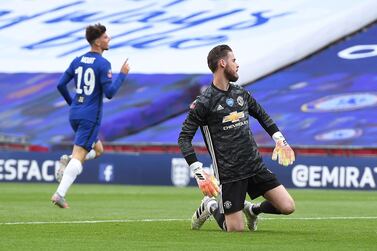 epa08555429 Chelsea's Mason Mount (L) celebrates scoring his side's second goal as Manchester United goalkeeper David de Gea reacts during the English FA Cup semi final soccer match between Manchester United and Chelsea FC at Wembley Stadium in London, Britain, 19 July 2020. EPA/Andy Rain/NMC/Pool EDITORIAL USE ONLY. No use with unauthorized audio, video, data, fixture lists, club/league logos or 'live' services. Online in-match use limited to 120 images, no video emulation. No use in betting, games or single club/league/player publications.