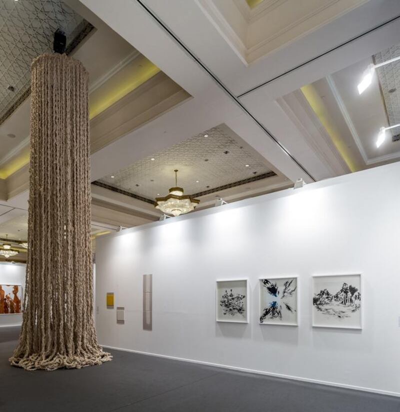 Installation views for Gallery Isabelle Van Den Eynde's booth at Art Dubai 2017. Hassan Sharif's Cotton Rope can be seen hanging from the ceiling. Courtesy of Gallery Isabelle Van Den Eynde 