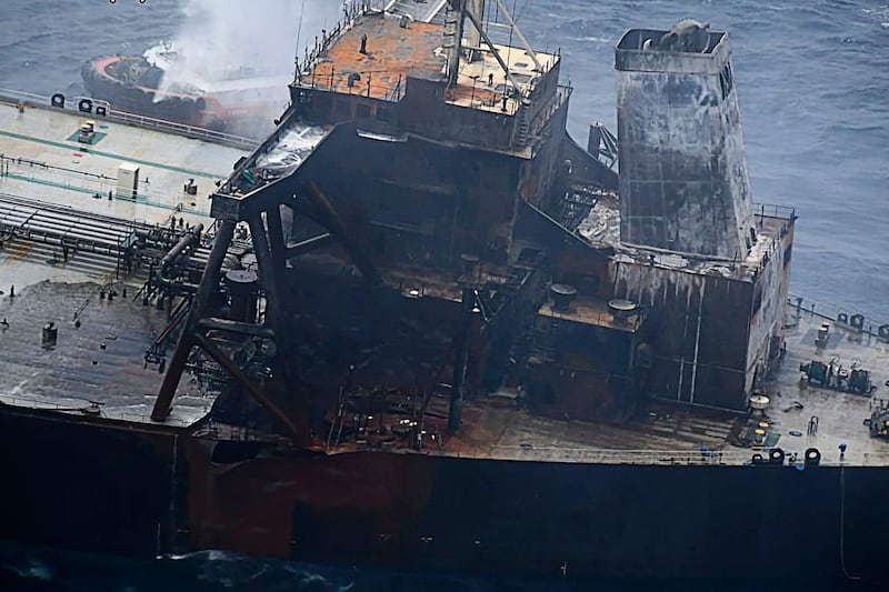 The Panamanian-registered crude oil tanker New Diamond after a fire aboard was extinguished, some 60 km off Sri Lanka's eastern coast where a fire was reported inside the engine room. AFP