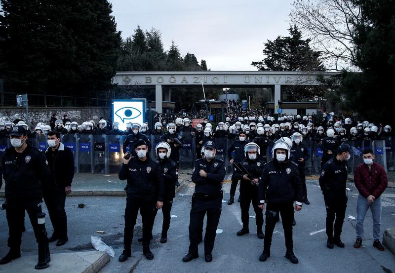 Turkish riot police block the main gate. Reuters