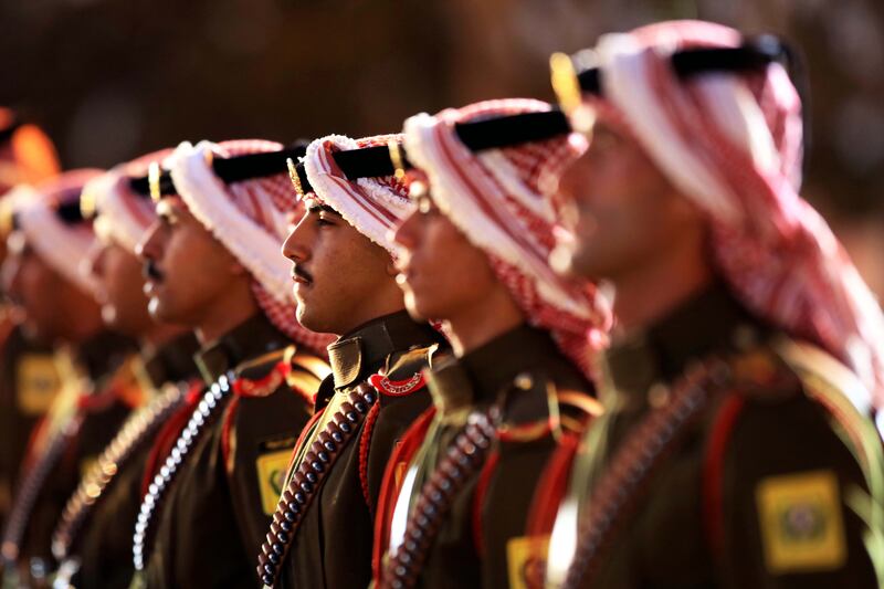 Soldiers stand at attention shortly before Prince Mohammed's arrival. EPA