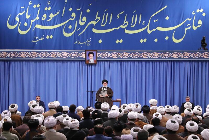 Iran's supreme leader Ayatollah Ali Khamenei speaks during a ceremony in Tehran. Mr Khamenei supported the government's decision to raise fuel prices and condemned the protests.  EPA