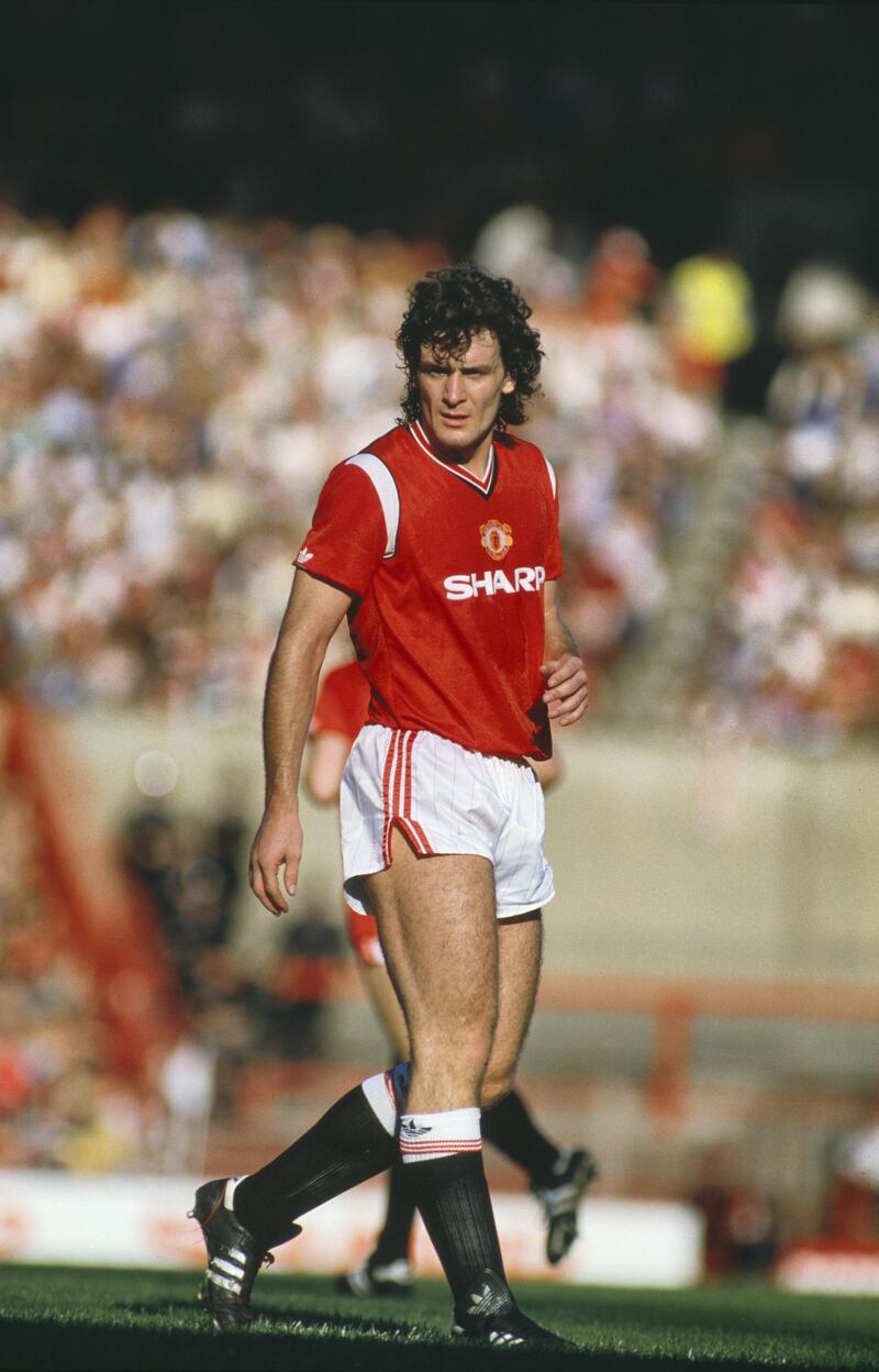 Mark Hughes, Manchester United forward and Welsh international, during a league game against Queen's Park Rangers at Old Trafford, 12th October 1985. QPR lost 2-0. (Photo by Mike King/Getty Images) 