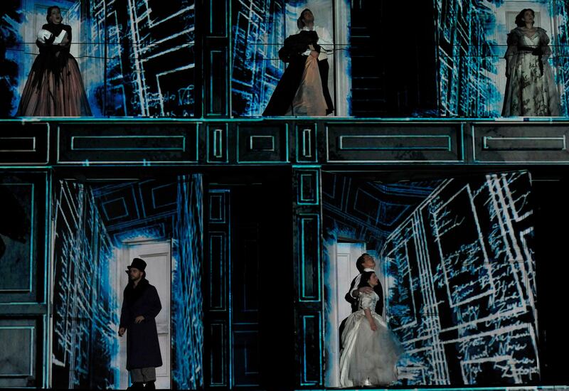 Malin Bystrom as Donna Anna,Antonio Poli as Don Ottavio, Veronique Gens as Donna Elvira, Alex Esposito as Leporello, Elizabeth Watts as Zerlina and Dawid Kimberg as Masetto in the Royal Opera's production of Wolfgang Amadeus Mozart's Don Giovanni directed by Kasper Holten and conducted by Nicola Luisotti at the Royal Opera House Covent Garden in London. (Photo by robbie jack/Corbis via Getty Images)